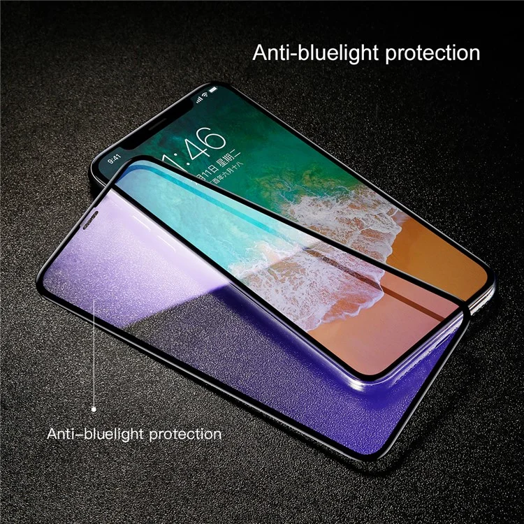 BASEUS Anti-blue-ray 0.3mm 4D Curved Full Glue Full Coverage Tempered Glass Screen Guard Film for iPhone 11 Pro 5.8" (2019) / XS / X/10 5.8 inch - Black