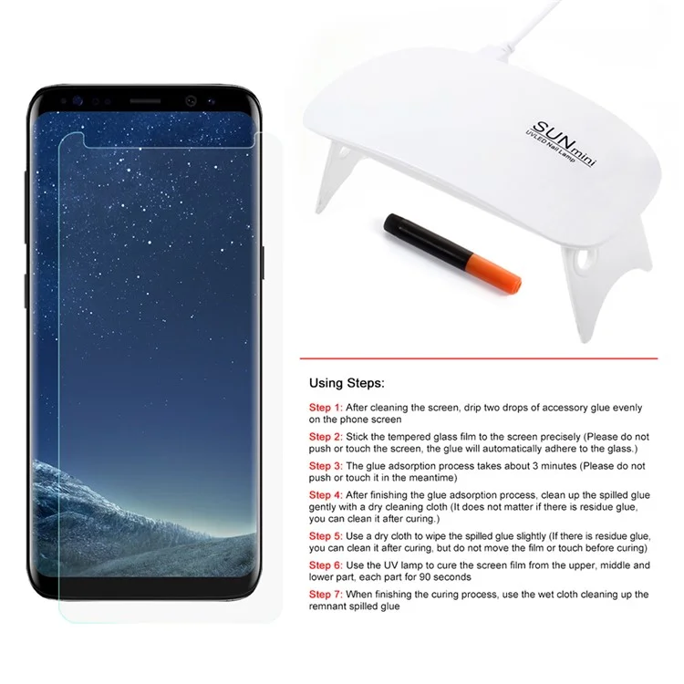 RURIHAI 3D Full Glue UV Liquid Tempered Glass Full Coverage Screen Protector for Samsung Galaxy S8 SM-G950 (Works with UV Lamp: 109901251)