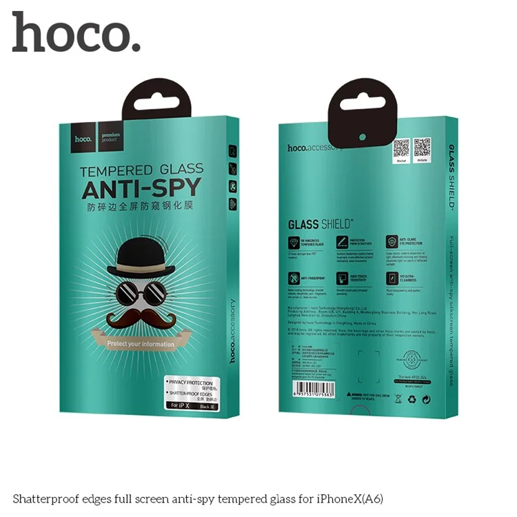 HOCO Shatterproof Edges Anti-spy Full Screen Tempered Glass Protector for iPhone X