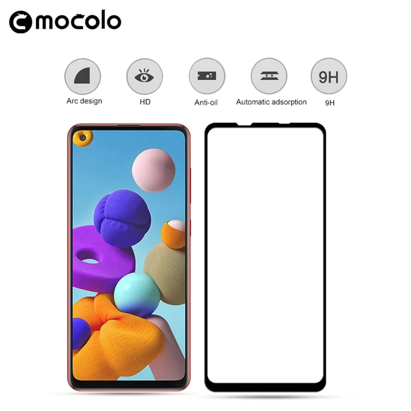 MOCOLO Silk Printing Tempered Glass Film for Samsung Galaxy A21s, HD Clear Full Size Full Glue Double Defense Anti-explosion Screen Protector - Black