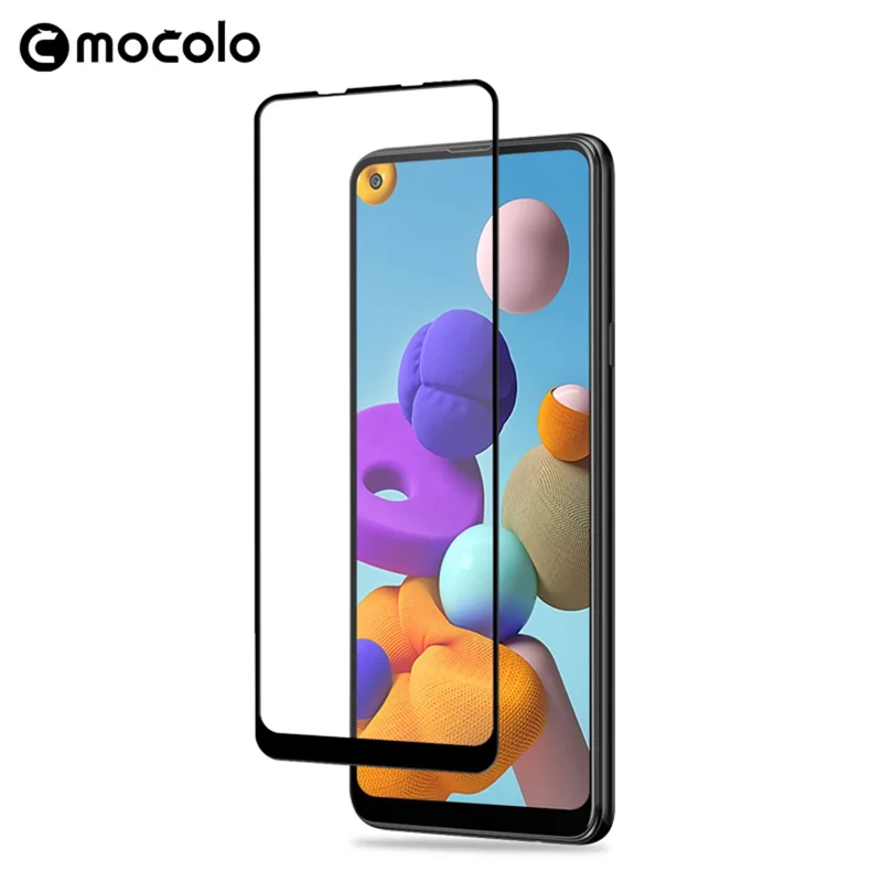 MOCOLO Silk Printing Tempered Glass Film for Samsung Galaxy A21s, HD Clear Full Size Full Glue Double Defense Anti-explosion Screen Protector - Black