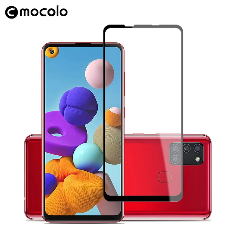 MOCOLO Silk Printing Tempered Glass Film for Samsung Galaxy A21s, HD Clear Full Size Full Glue Double Defense Anti-explosion Screen Protector - Black