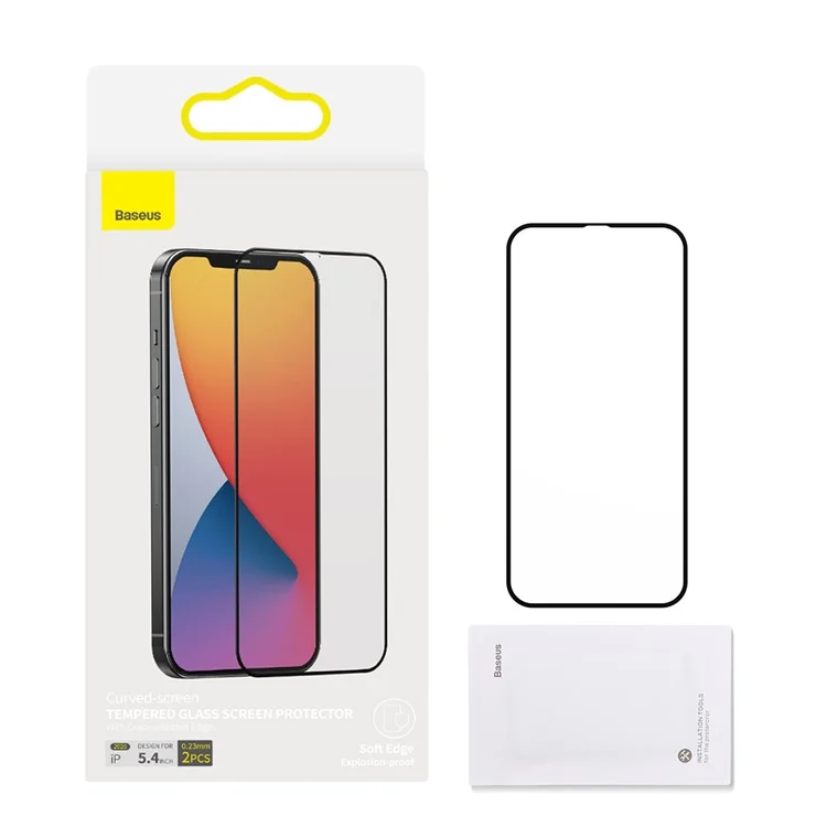 BASEUS 2 PCS 0,23 mm Pellicole in Vetro Temperato Curvo a Copertura Totale per iPhone 12 5,4 pollici - Nero