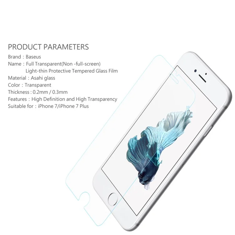 BASEUS 0.2mm HD Full Glue Tempered Glass Guard Film for iPhone 8 Plus/7 Plus Arc Edge - Transparent