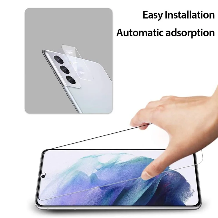 Protector de pantalla de vidrio templado con borde de arco 2.5D 9H + película de protección de lente de cámara para Samsung Galaxy S21 4G/5G