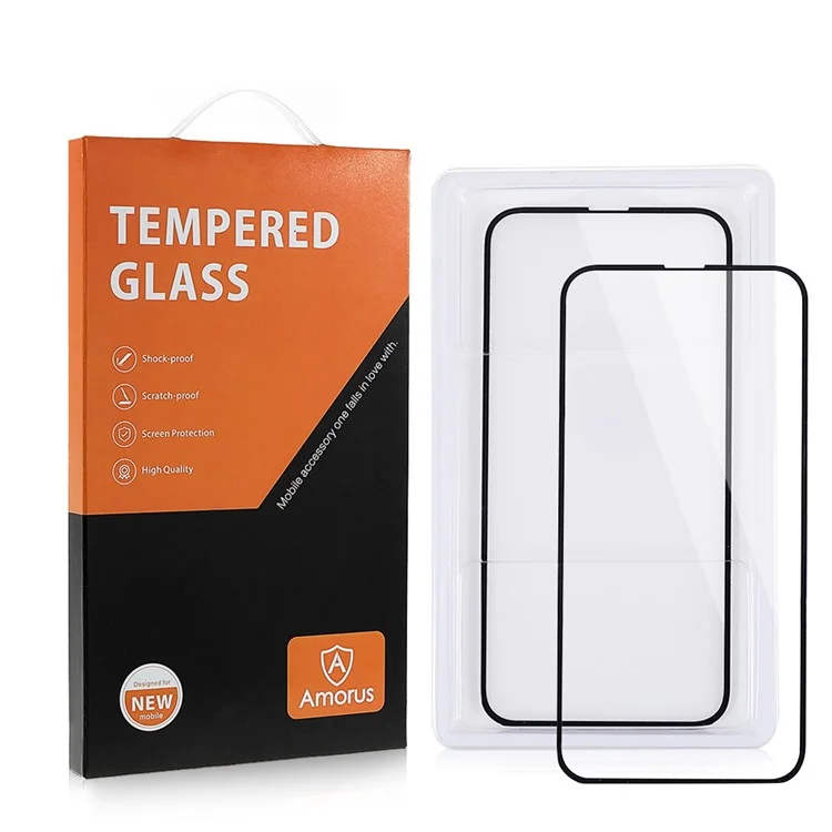 Amorus 2pcs/pack Silk Printing Double Defense Tempered Glass Film Для Iphone Iphone 13/13 Pro 6,1 Дюйма, Прозрачный Прозрачный Антиэкспозионный Экран, Полноразмерный Клей - Черный