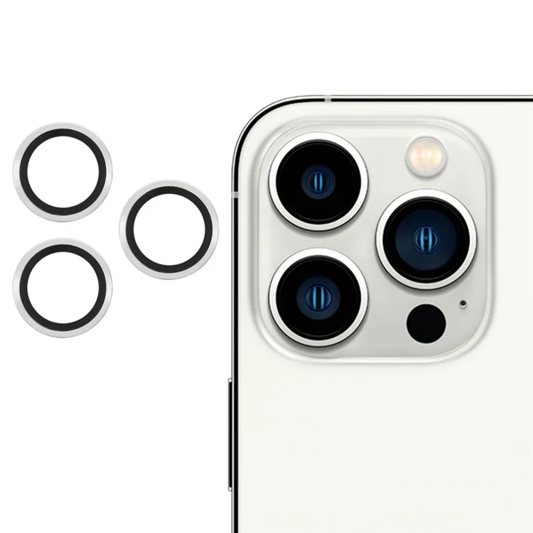 Ensemble de 3 pièces/Pellicule de protection pour l'objectif de l'appareil photo en verre monochrome ultra-clair AGC pour iPhone 13 Pro 6,1 pouces/13 Pro Max 6,7 pouces - Argent