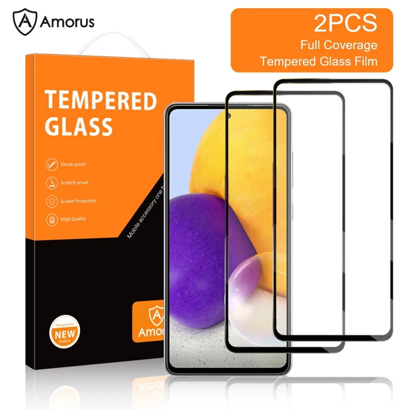 AMORUS 2Pcs/Set Anti-Explosion Secondary Hardening Full Glue Silk Printing HD Tempered Glass Screen Protector for Samsung Galaxy A72 4G/5G