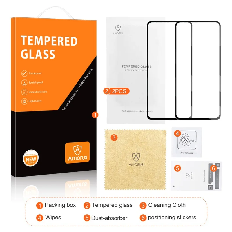 AMORUS 2Pcs/Set Full Size Coverage HD Full Glue Silk Printing Clear Tempered Glass Screen Protector for Samsung Galaxy A21