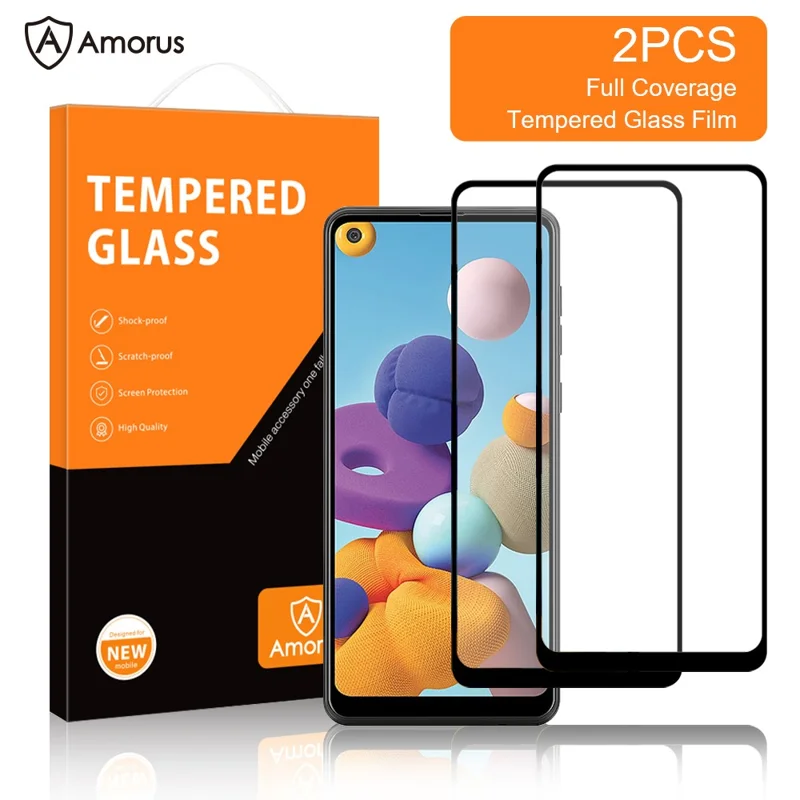 AMORUS 2Pcs/Set Full Size Coverage HD Full Glue Silk Printing Clear Tempered Glass Screen Protector for Samsung Galaxy A21