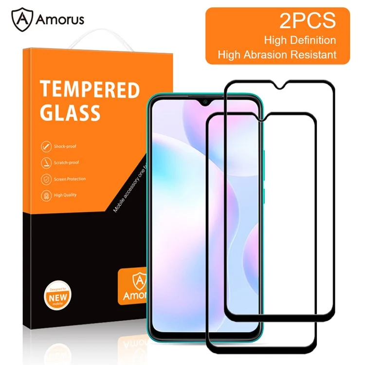 AMORUS 2Pcs Full Glue Full Coverage Ultra Clear Silk Printing Tempered Glass Screen Protector Film for Xiaomi Redmi 9A/9C/9C NFC