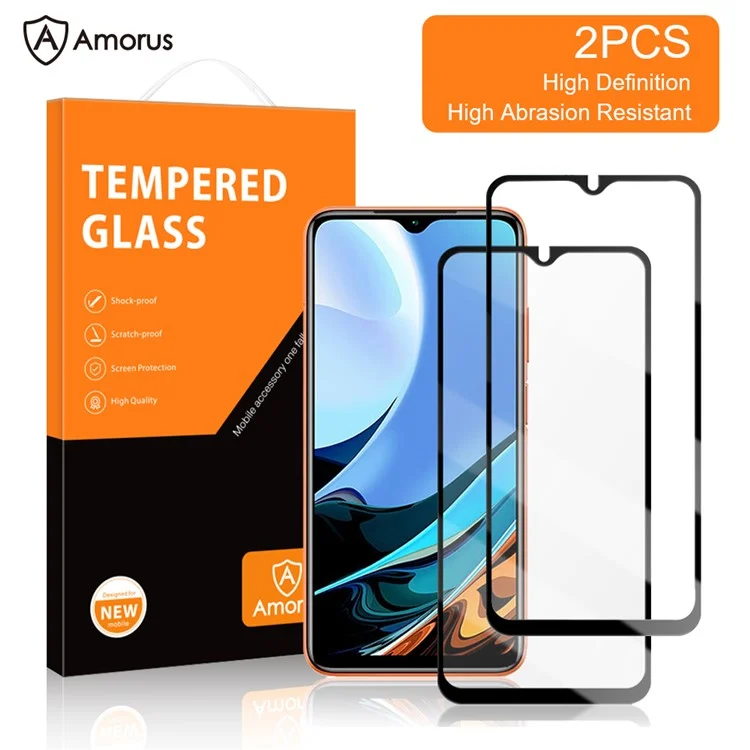 AMORUS 2Pcs Full Glue Silk Printing Shatterproof Tempered Glass Full Screen Protector Film for Xiaomi Redmi 9T/9 Power/Note 9 4G (Qualcomm Snapdragon 662)