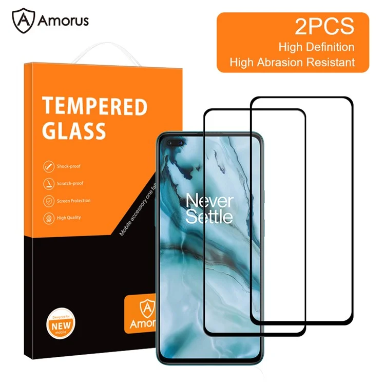 AMORUS 2 Unidades de Vidro Temperado Secundariamente Enrijecido e Revestido com Cola, Impressão Seda, Tela Completa para OnePlus Nord 