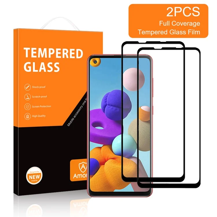 Amorus 2 PCS / Set Full Covered Full Adhesive HD Transparent Secondary Hardened Silk Printing Steered Glass Film For Samsung Galaxy A21s