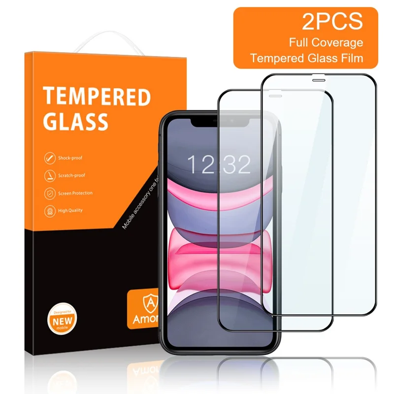 AMORUS 2Pcs Full Coverage Full Glue HD Clear Double Defense Silk Printing Tempered Glass Screen Protector for iPhone 11 Pro 5.8 inch - Black
