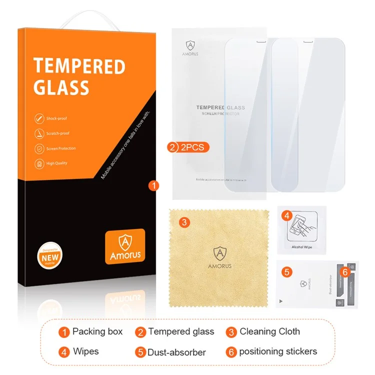 AMORUS 2Pcs/Set Full Glue HD Clarity Shatterproof Tempered Glass Screen Protector for iPhone 12/12 Pro 6.1 inch