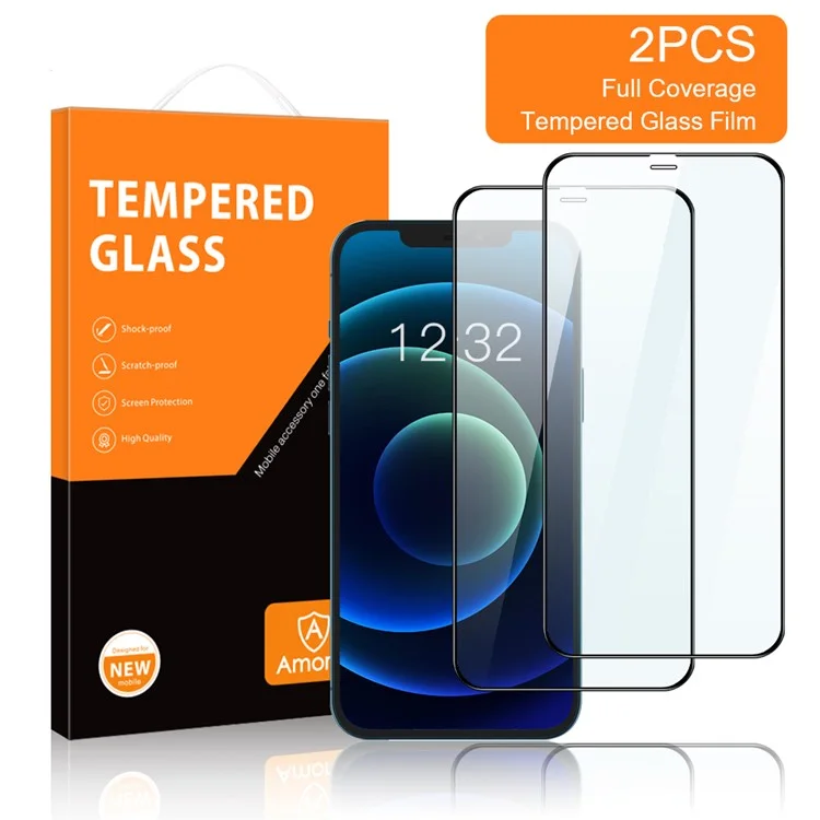 AMORUS 2 Pièces Film de Verre Trempé de Protection Intégrale à Séchage Élevé avec Impression Soyeuse pour iPhone 12/12 Pro 6,1 pouces - Noir 