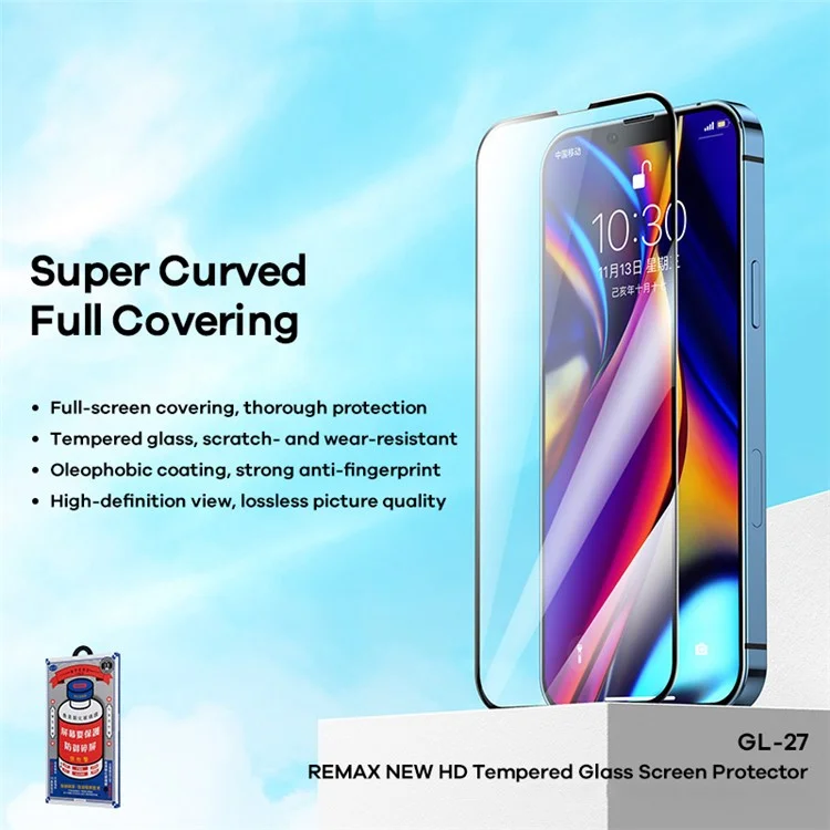 REMAX Scratch-Resistant Anti-Fingerprint Full Glue Full Screen Coverage Curved Tempered Glass Screen Protector for iPhone 13 Pro Max / 14 Plus