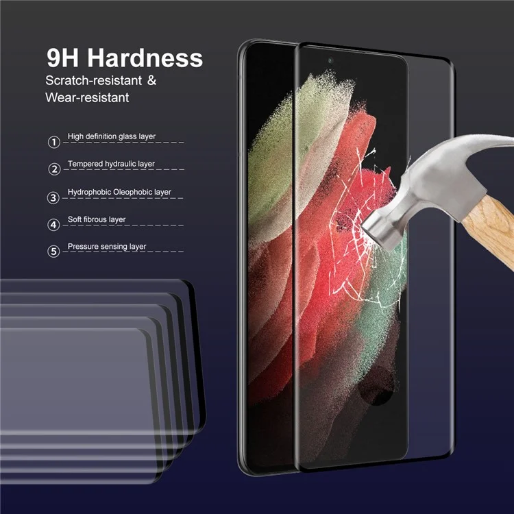 HAT PRINCE 2Pcs/Set Ultra HD Full Screen Full Glue 0.26mm 9H Hardness 3D Curved Edge Hot Bending Tempered Glass Protective Film for Samsung Galaxy S21 Ultra 5G (Support for Fingerprint Unlocking)