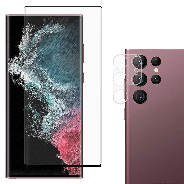 Pour Samsung Galaxy S22 Ultra 5G 9H Dureté 3D Incurvé Côté Colle Couverture Complète Protecteur d'écran en Verre Trempé + Protecteur d'objectif de Caméra Découpé avec Précision
