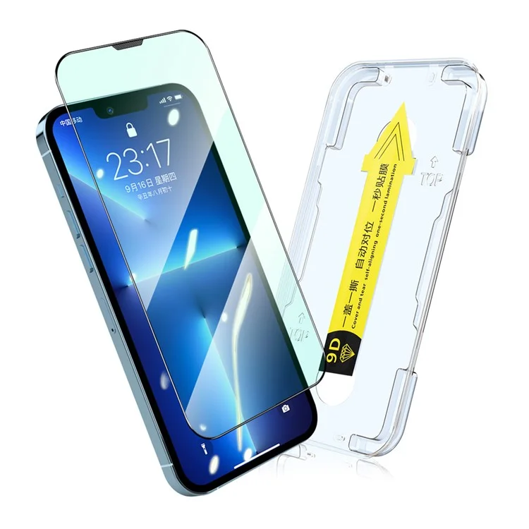 ENKAY HAT PRINCE for iPhone 13 Pro Max / 14 Plus Eye Protection Green Light Film Full Screen Full Glue Tempered Glass Silk Printing Protector with Easy Installation Tool