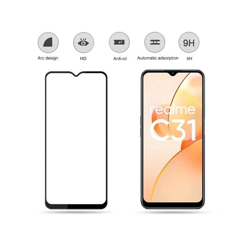MOCOLO Complete Covering Screen Protector для Realme C31, Double Defense Full Glue Silk Printing Tempered Glass Clear Film - Black
