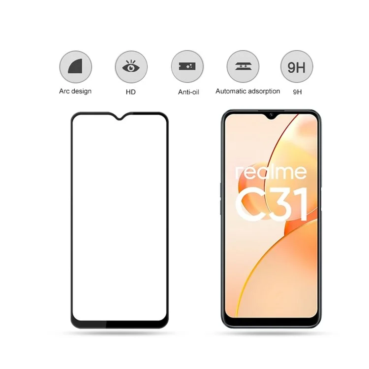 Mocolo Полное Покрытие Экрана Защитника Для Realme C31, Двойная Защита Полная Клейкая Шелковая Печать, Измеренное Стеклянное Стекло - Черный