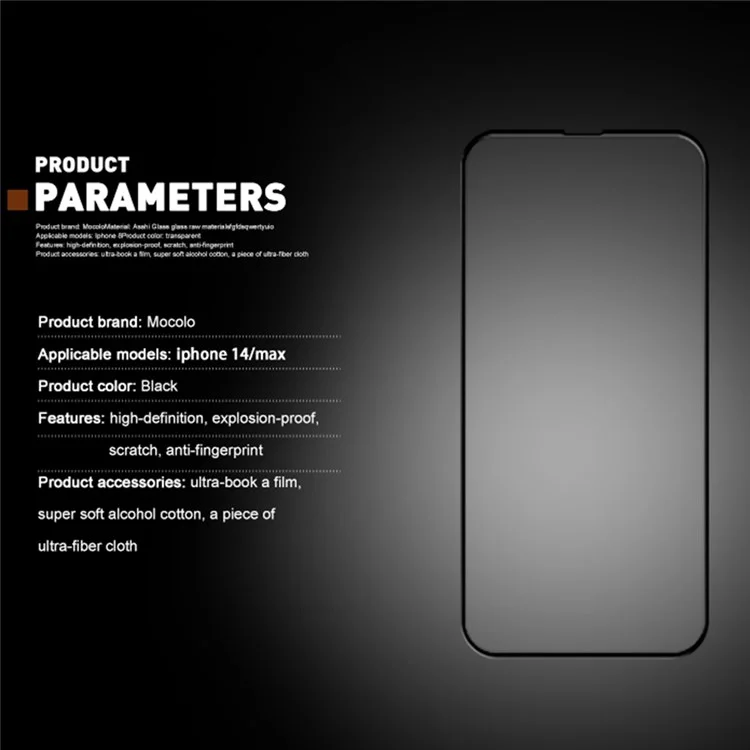 Mocolo Per IPhone 14 Max Max Da 6,7 ​​pollici Di Seta HD HD Giola Completa Temped Glass Rafforzamento Secondario Anti-scratch Protettore A Schermo A Schermo - Nero