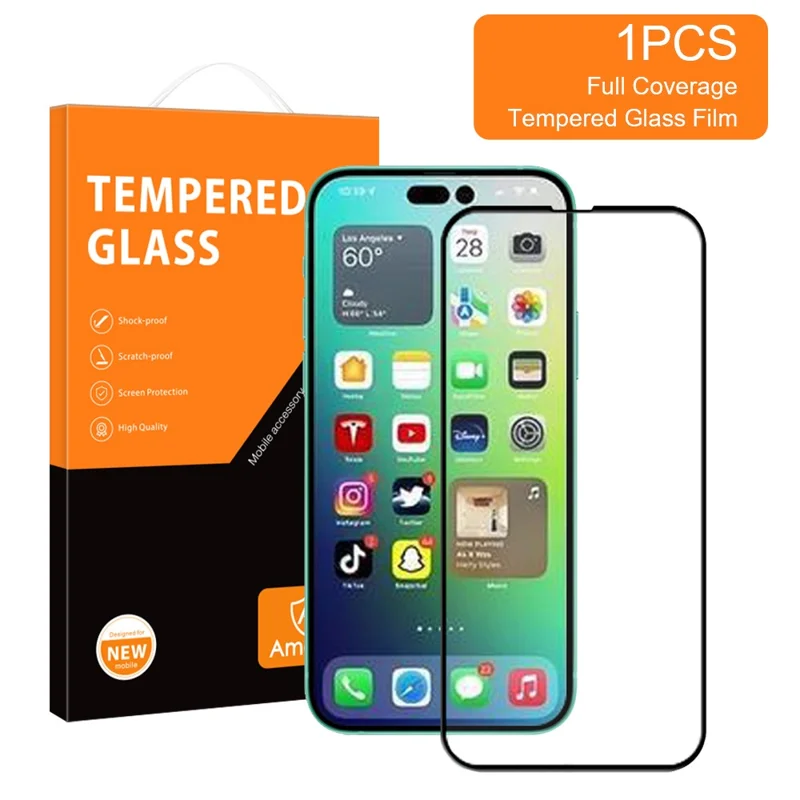 AMORUS لجهاز iPhone 14 Pro Max بحجم 6.7 بوصة، زجاج مقسّى مقوّى بحواف منحنية ثلاثية الأبعاد مع طباعة حريرية على الحافة، واقي شاشة كامل الحجم بلصق كامل - أسود