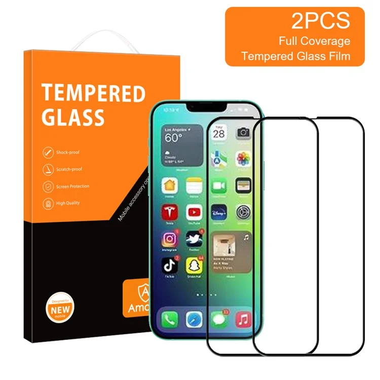 AMORUS 2Pcs / Pack for iPhone 14 Plus 6.7 inch Secondary Strengthening Silk Printing Tempered Glass Film, Full Glue Full Screen Protector - Black