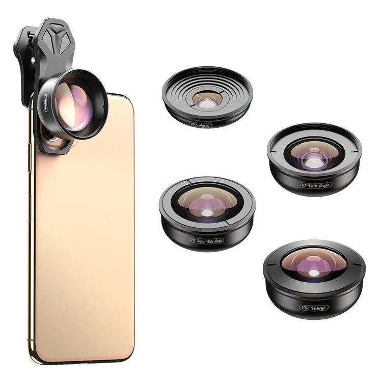 Apexel 5 in 1 Handy Objektiv Kit 195 ° Fisheye Objektiv 110 ° Weitwinkellinse 10x Makrolinse 2x Teleobjektiv 170 ° Superweitwinkellinse (APL-HB5IN1)