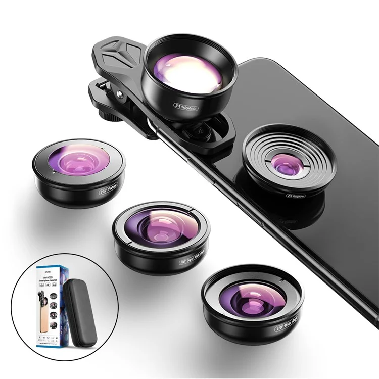 APEXEL 5 in 1 Cellphone Lens Kit 195° Fisheye Lens 110° Wide Angle Lens 10X Macro Lens 2X Telephoto Lens 170° Super Wide Angle Lens (APL-HB5IN1)