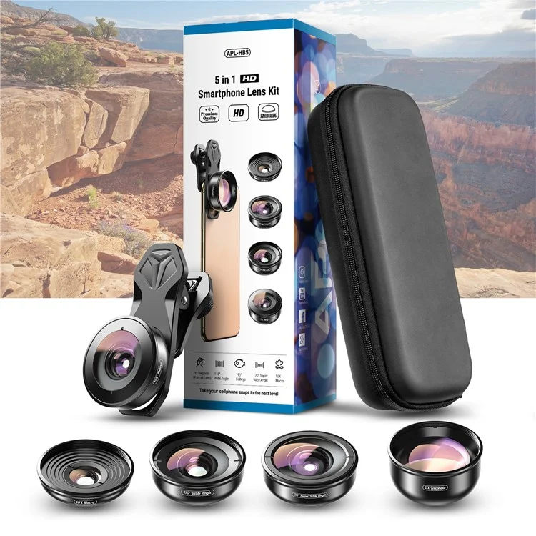 Apexel 5 in 1 Handy Objektiv Kit 195 ° Fisheye Objektiv 110 ° Weitwinkellinse 10x Makrolinse 2x Teleobjektiv 170 ° Superweitwinkellinse (APL-HB5IN1)