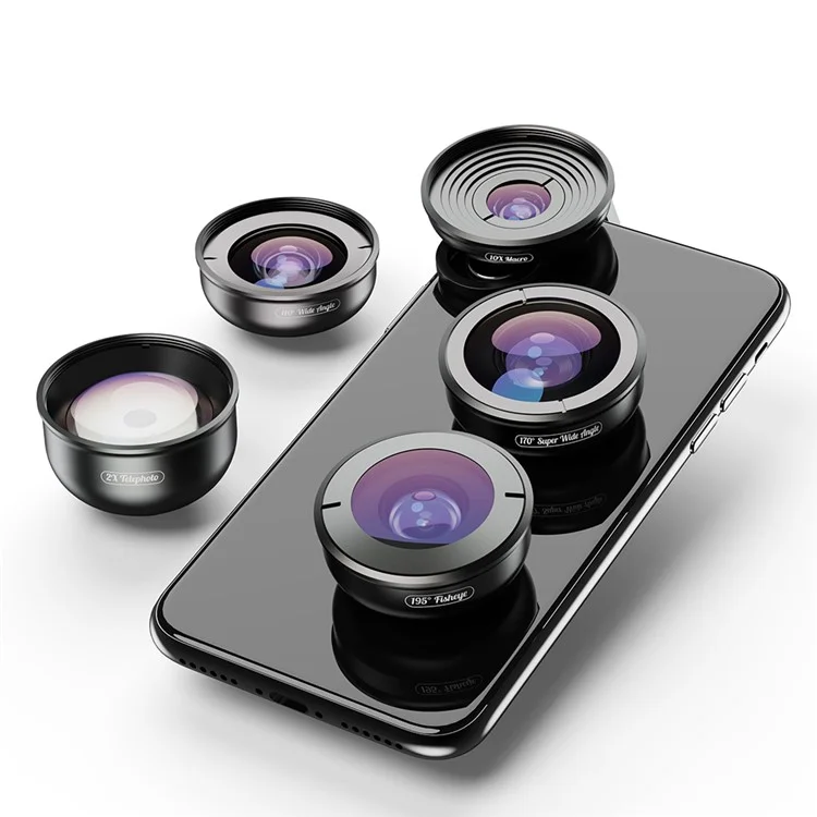 APEXEL 5 in 1 Cellphone Lens Kit 195° Fisheye Lens 110° Wide Angle Lens 10X Macro Lens 2X Telephoto Lens 170° Super Wide Angle Lens (APL-HB5IN1)