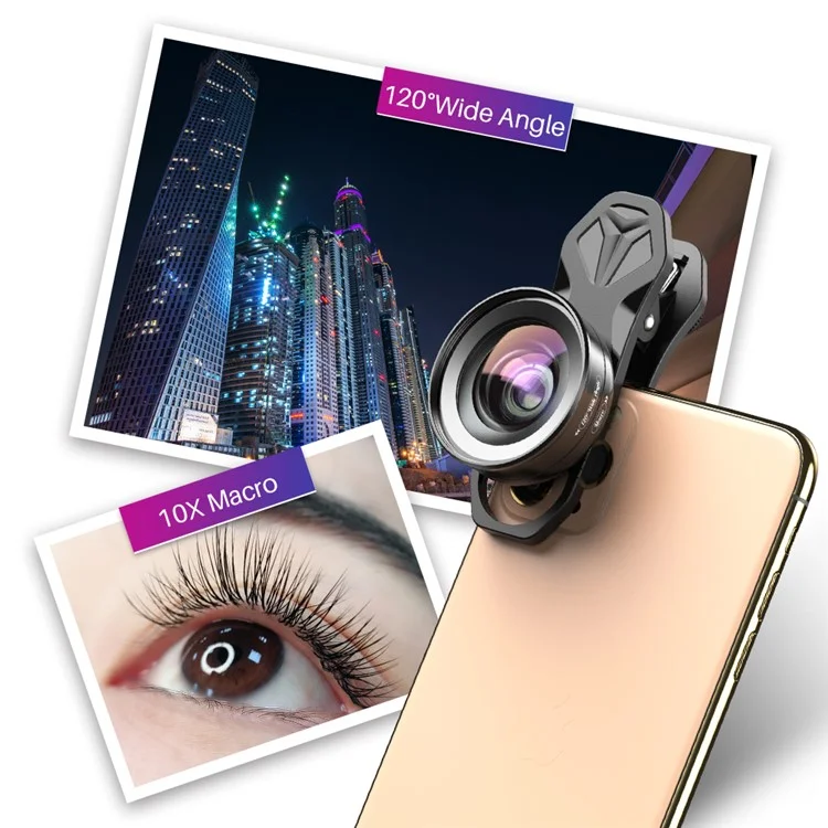 APEXEL APL-HB2IN1WM Phone Lens 2 in 1 Clip-on 10X Macro Lens + 120° Wide Angle Lens Kit