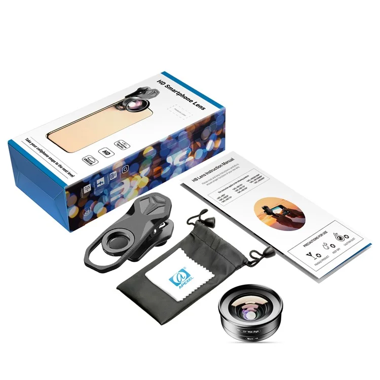 APEXEL APL-HB2IN1WM Phone Lens 2 in 1 Clip-on 10X Macro Lens + 120° Wide Angle Lens Kit