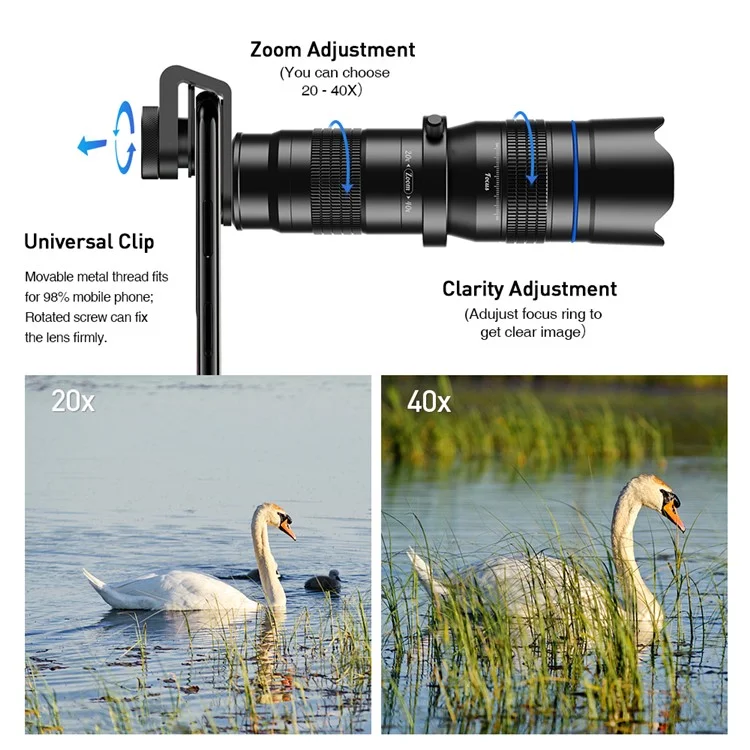 APEXEL HD Metal 20-40x Zoom Telescopio Objetivo Teleobjetivo Monocular Lente de Cámara para iPhone Samsung Huawei