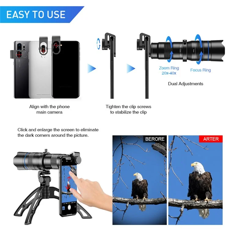 APEXEL HD Metal 20-40x Zoom Telescopio Objetivo Teleobjetivo Monocular Lente de Cámara para iPhone Samsung Huawei