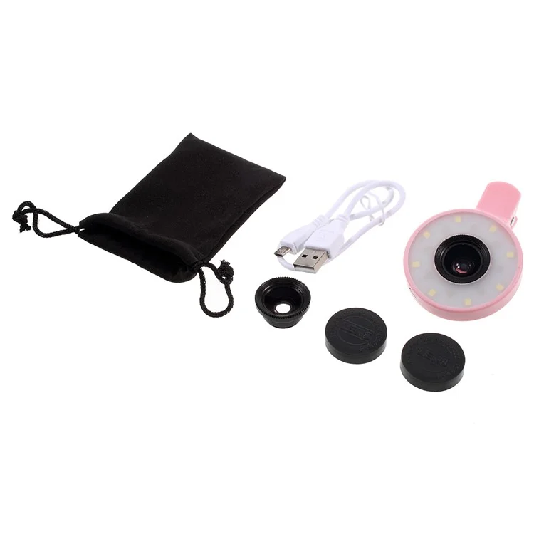 PICKOGEN HE-077-UV Fisheye + Macro + Wide Angle Camera Lens with LED for iPhone Samsung - Pink