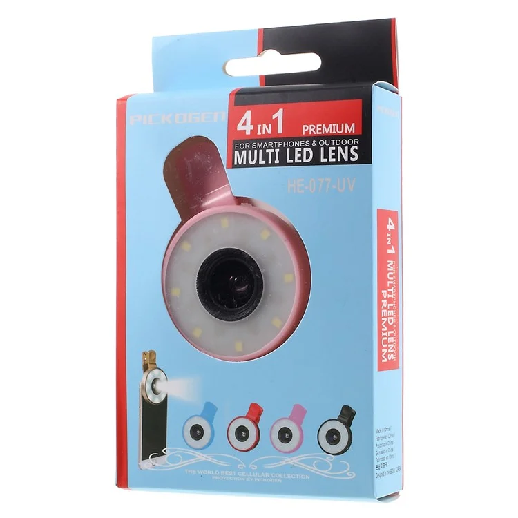 PICKOGEN HE-077-UV Fisheye + Macro + Wide Angle Camera Lens with LED for iPhone Samsung - Pink