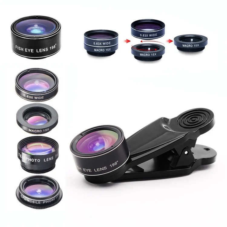 Cell Phone Camera Lens Kit, 5 in 1 Universal Telephoto Lens, 2X Portrait Lens + 0.63X Wide Angle Lens + 15X Macro Lens + 198° Fish Eye Lens + CPL Polarizer