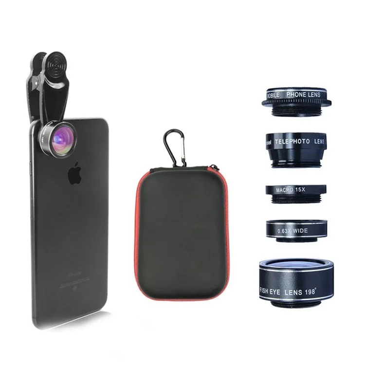 Cell Phone Camera Lens Kit, 5 in 1 Universal Telephoto Lens, 2X Portrait Lens + 0.63X Wide Angle Lens + 15X Macro Lens + 198° Fish Eye Lens + CPL Polarizer