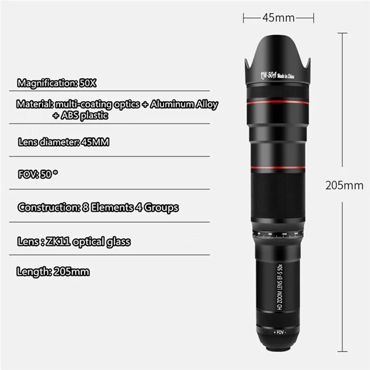 Lente de Cámara de Teléfono Móvil con Telescopio Monocular de Zoom Óptico 50X HD y Trípode