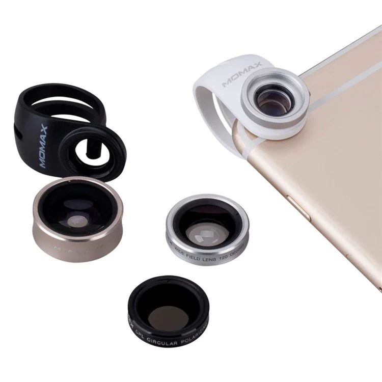 MOMAX X-Lens 4-in-1 120 Degree Wide Angle+15X Macro Lens+180 Degree Fisheye+ CPL Filter for Smartphone Tablet - Silver Color