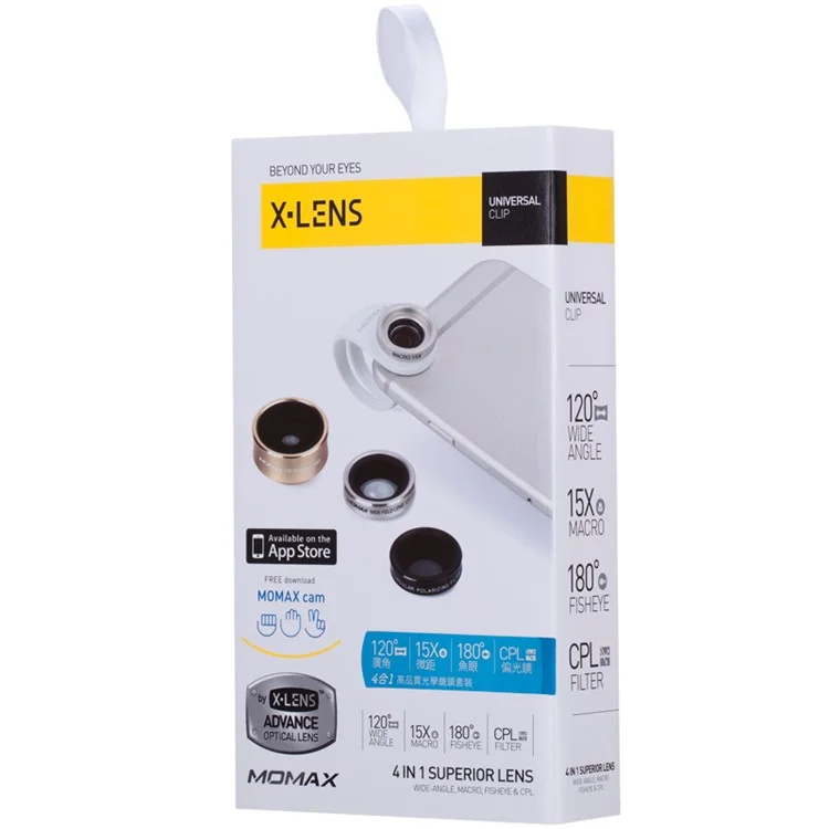 MOMAX X-Lens 4-in-1 120 Degree Wide Angle+15X Macro Lens+180 Degree Fisheye+ CPL Filter for Smartphone Tablet - Silver Color