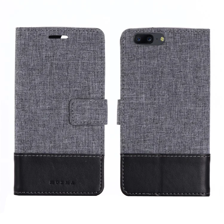 MUXMA Splicing Leather Canvas Stand Mobile Phone Case for OnePlus 5 - Black