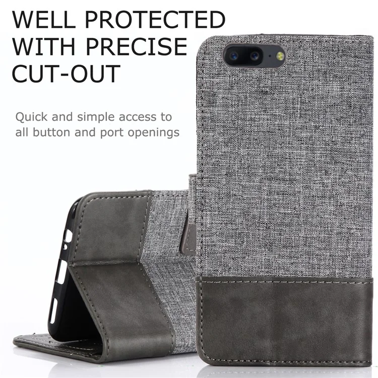 MUXMA Splicing Leather Canvas Stand Mobile Phone Cover for OnePlus 5 - Grey