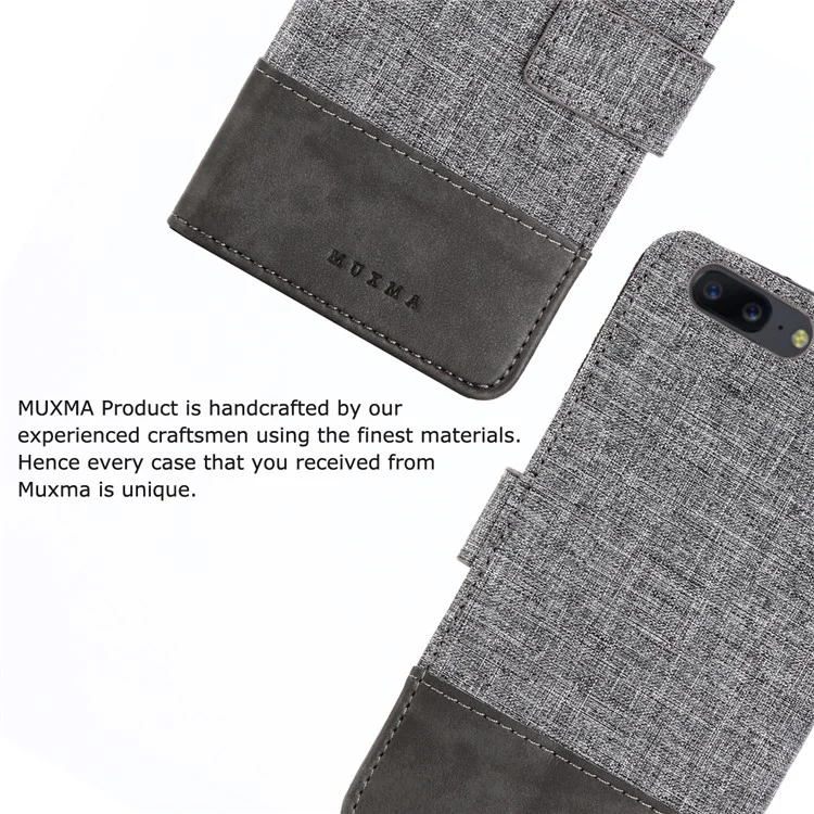 MUXMA Splicing Leather Canvas Stand Mobile Phone Cover for OnePlus 5 - Grey