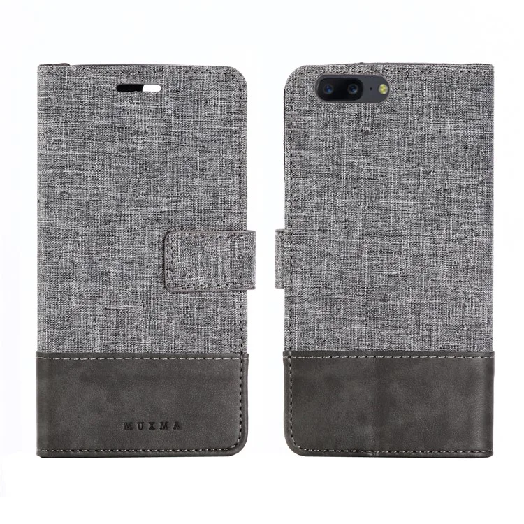 MUXMA Splicing Leather Canvas Stand Mobile Phone Cover for OnePlus 5 - Grey