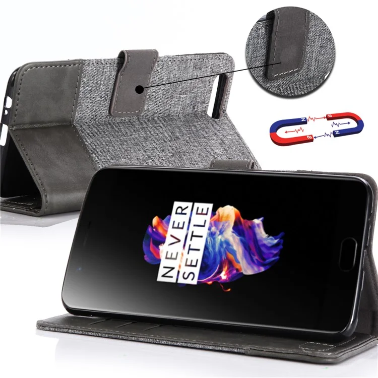 MUXMA Splicing Leather Canvas Stand Mobile Phone Cover for OnePlus 5 - Grey